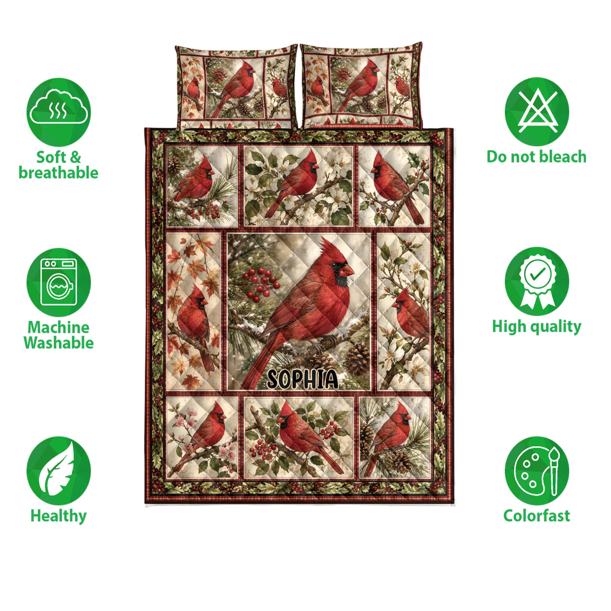 Cardinal quilt bedding set with red bird panels, holly berries, blossoms, and a warm woodland color palette