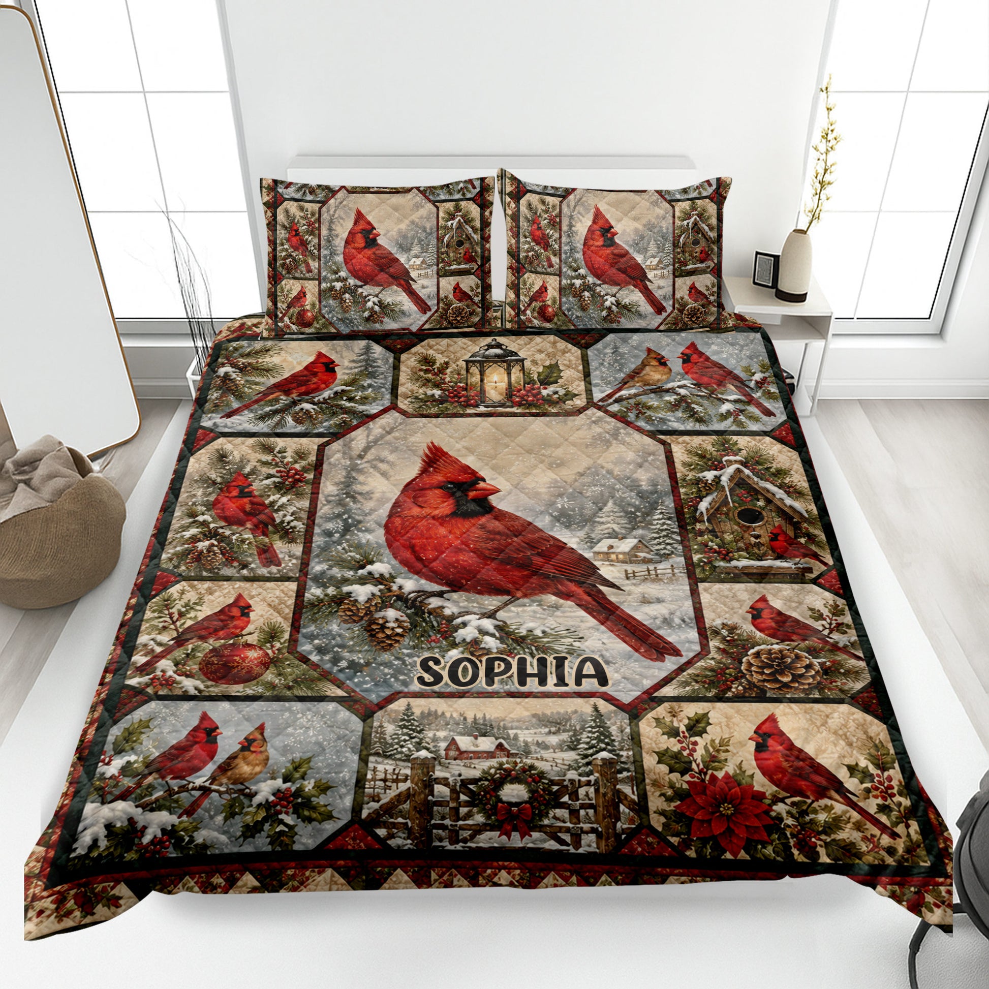 Cardinal quilt blanket displayed on a bed with snowy woodland scenes, birdhouses, pinecones, and winter foliage