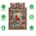 Cardinal quilt bedding set shown with snowy bird artwork and icons highlighting softness, washability, and color