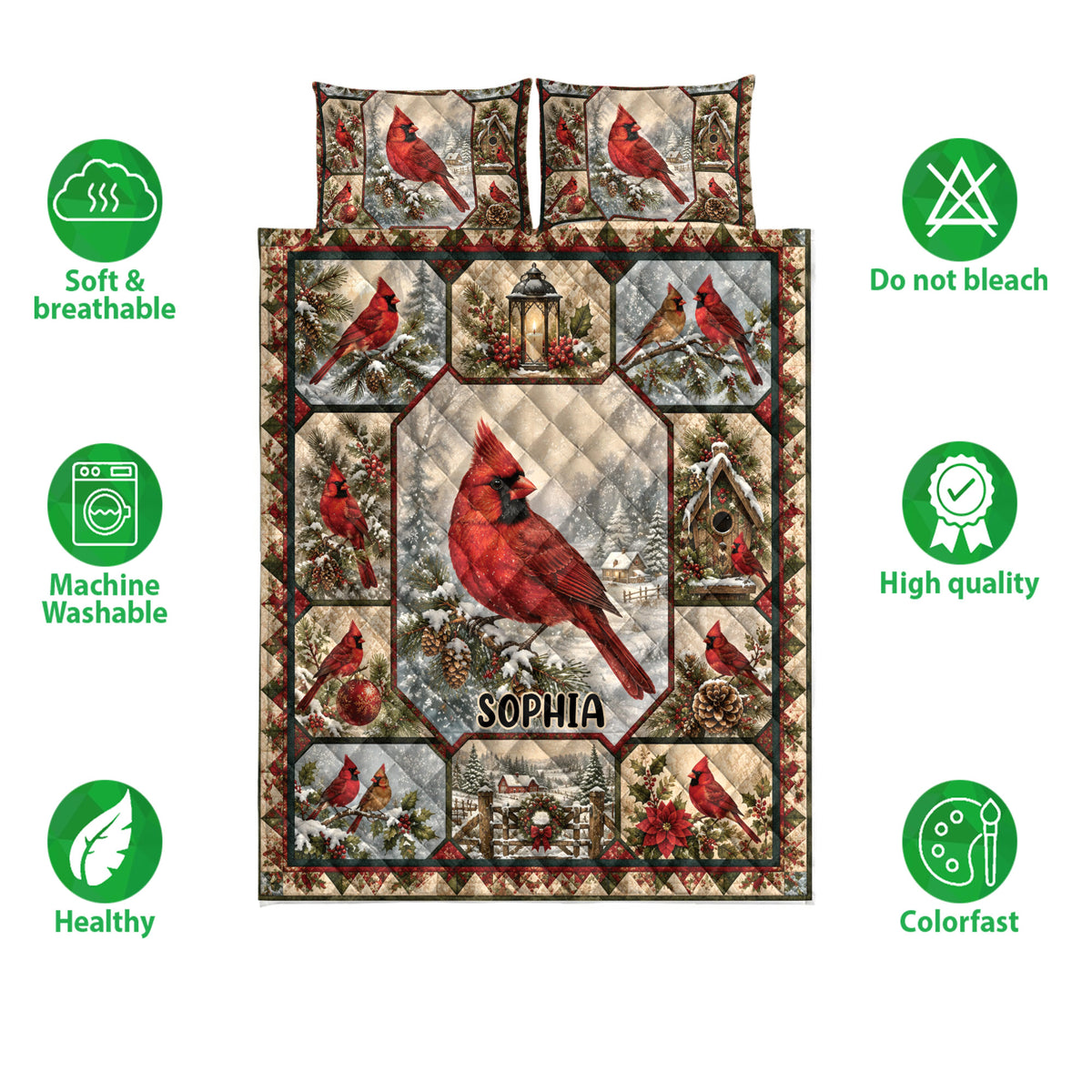 Cardinal quilt bedding set shown with snowy bird artwork and icons highlighting softness, washability, and color