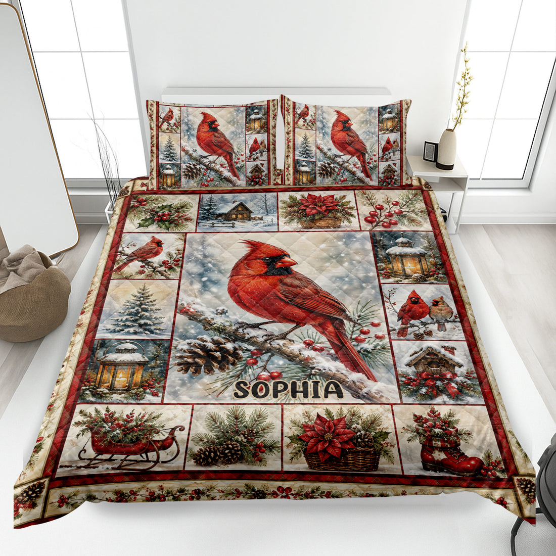 Cardinal quilt blanket bedding set with red birds, snowy branches, lanterns, and winter holiday scenes