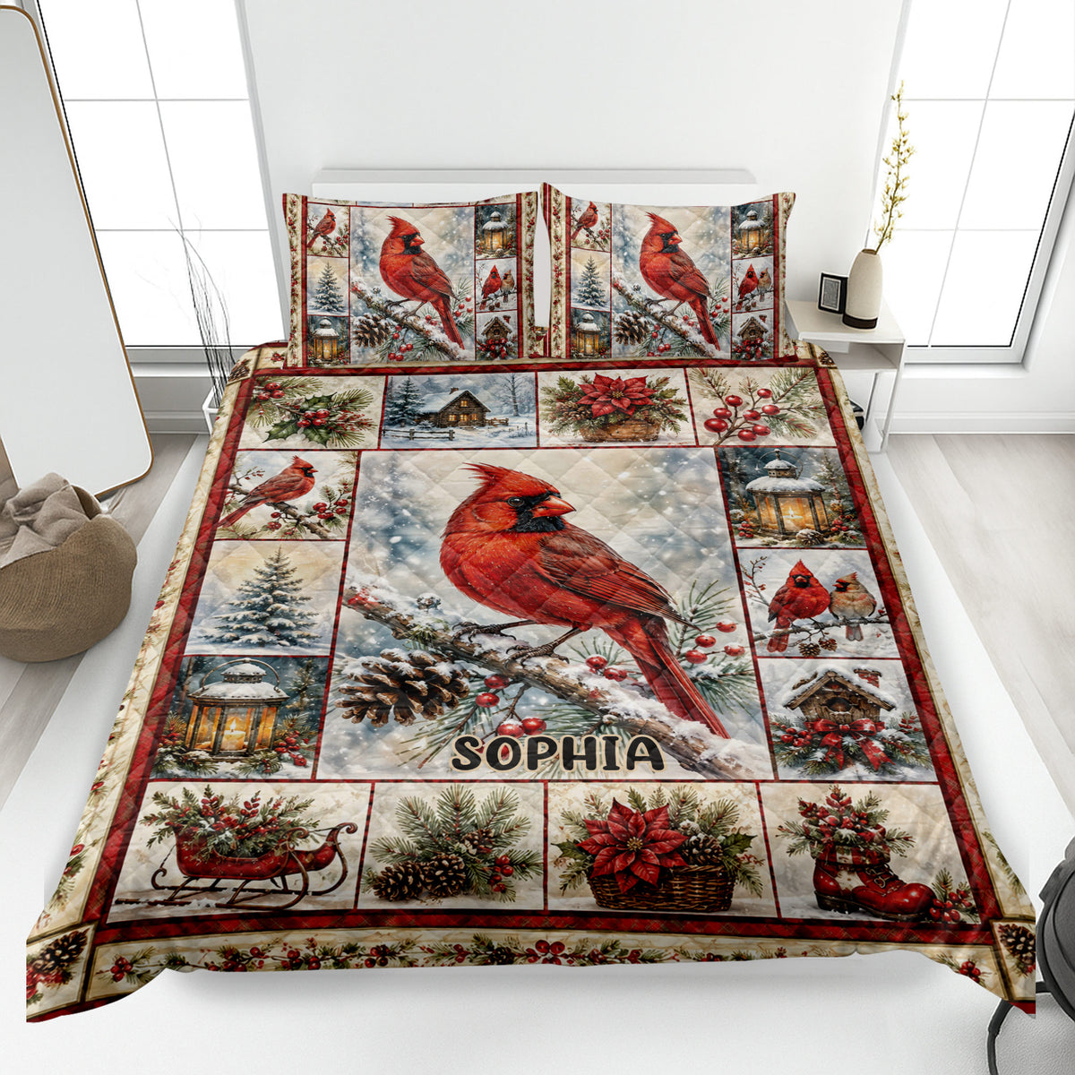 Cardinal quilt blanket bedding set with red birds, snowy branches, lanterns, and winter holiday scenes