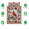 Cardinal quilt bedding set displayed with red bird artwork, snowy greenery, lanterns, and seasonal panels