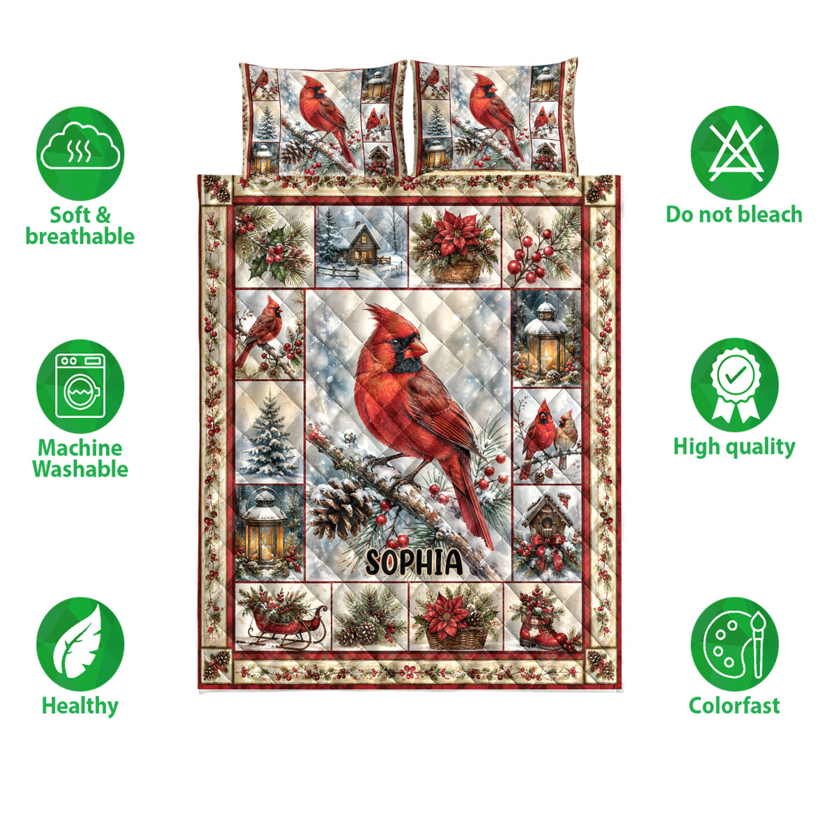 Cardinal quilt bedding set displayed with red bird artwork, snowy greenery, lanterns, and seasonal panels