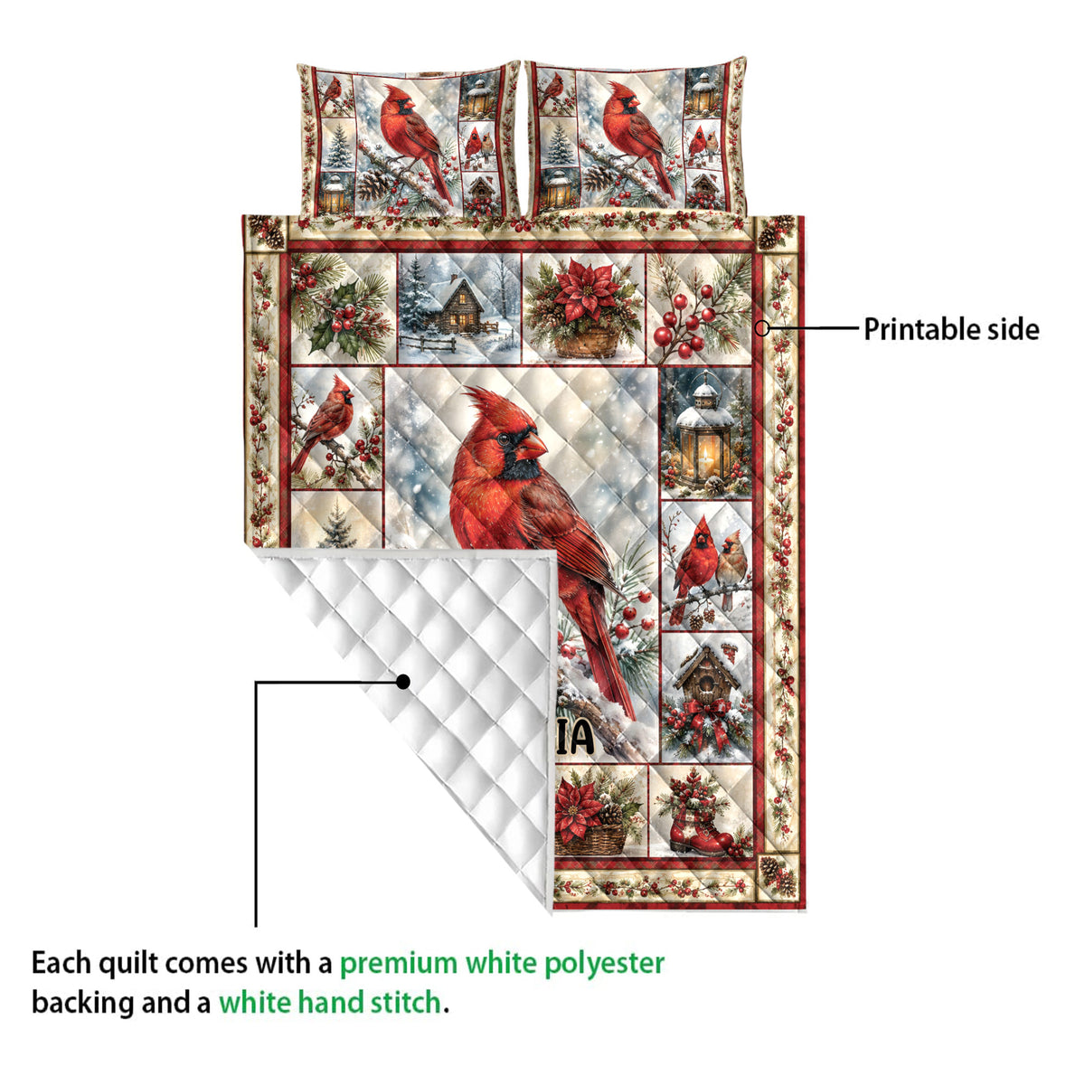 Cardinal quilt showing printed snowy bird artwork and a white diamond-stitched backing detail