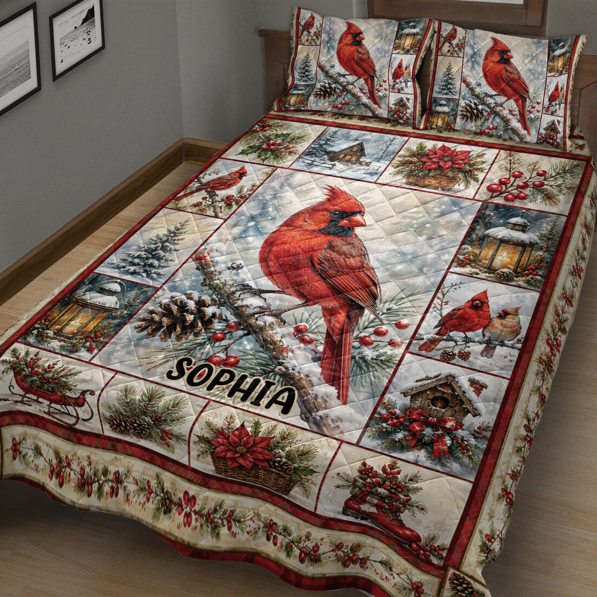 Winter cardinal quilt bedding displayed on a bed with red birds, pine branches, berries, and holiday decor