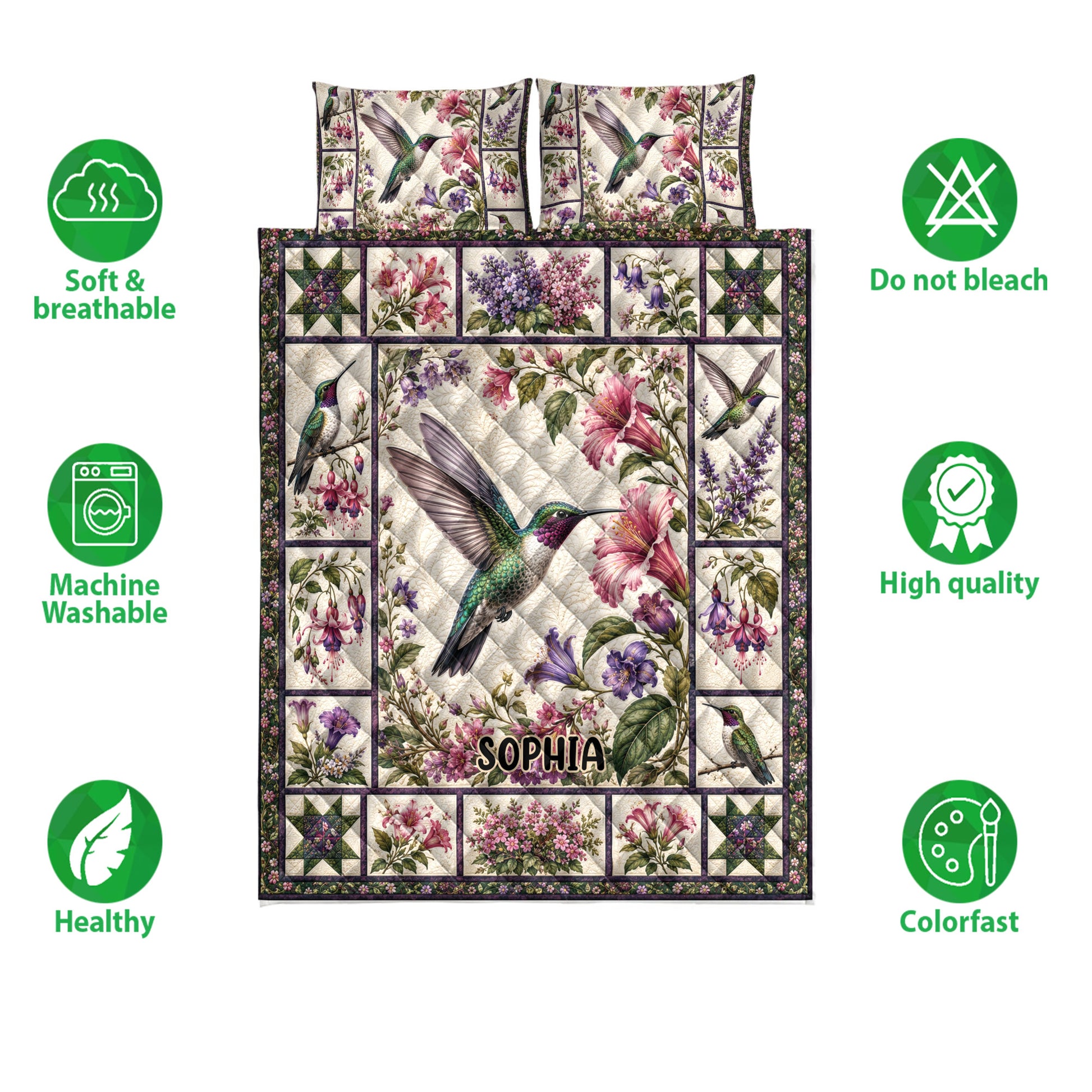Hummingbird floral quilt blanket displayed with care and quality feature icons around the botanical bedding design