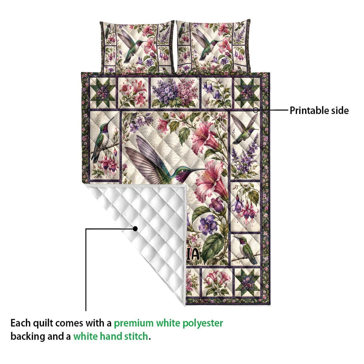Hummingbird quilt blanket shown with a floral printed front and white quilted reverse detail