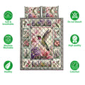 Hummingbird quilt bedding set displayed with floral artwork and soft, breathable care feature icons