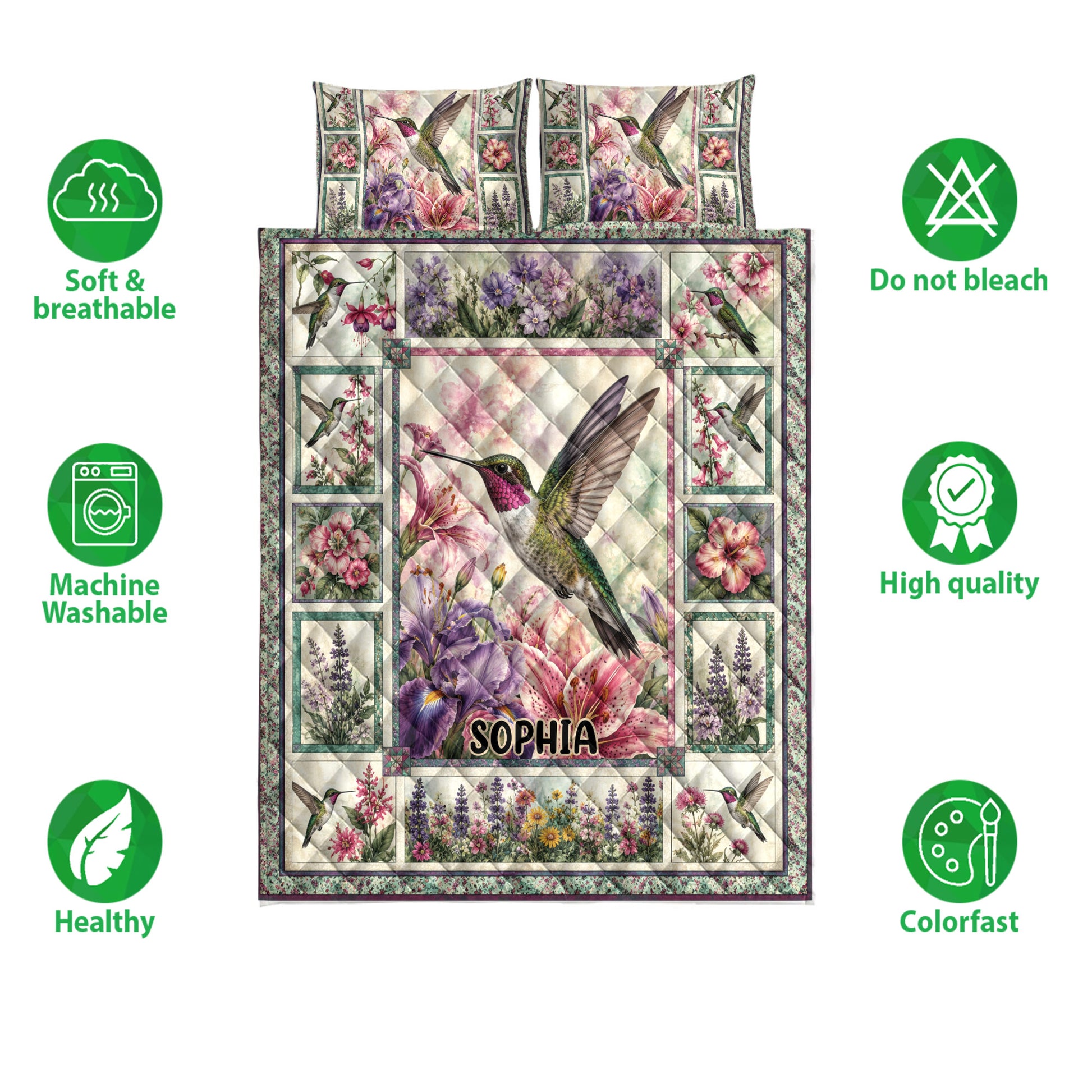 Hummingbird quilt bedding set displayed with floral artwork and soft, breathable care feature icons