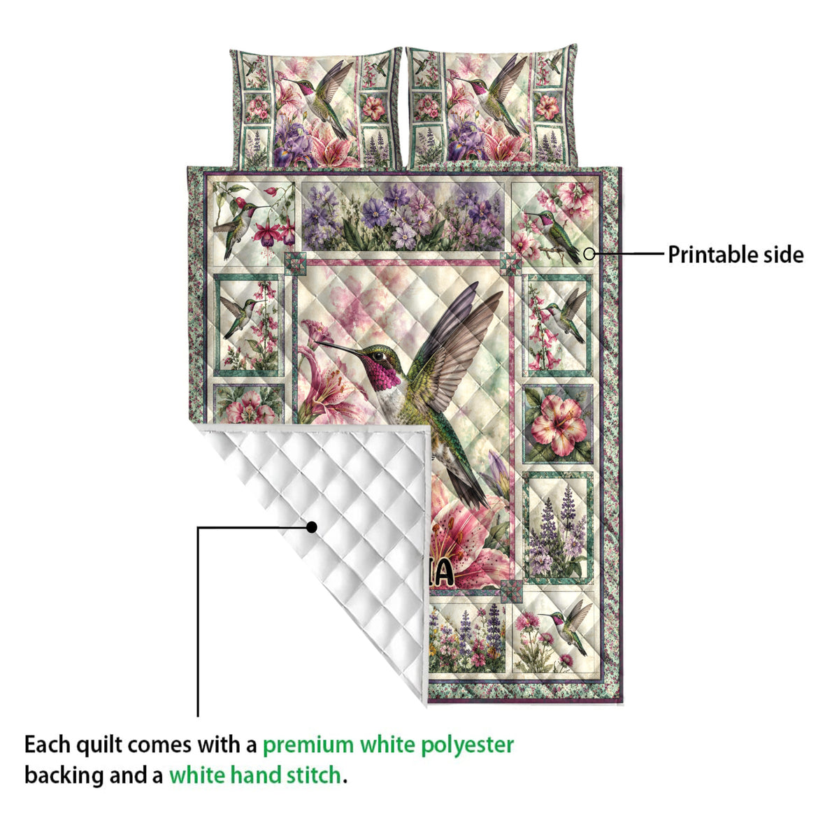 Hummingbird quilt showing the printed floral side and white quilted backing