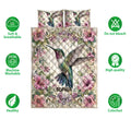 Hummingbird floral quilt bedding set shown with product feature icons and printed artwork