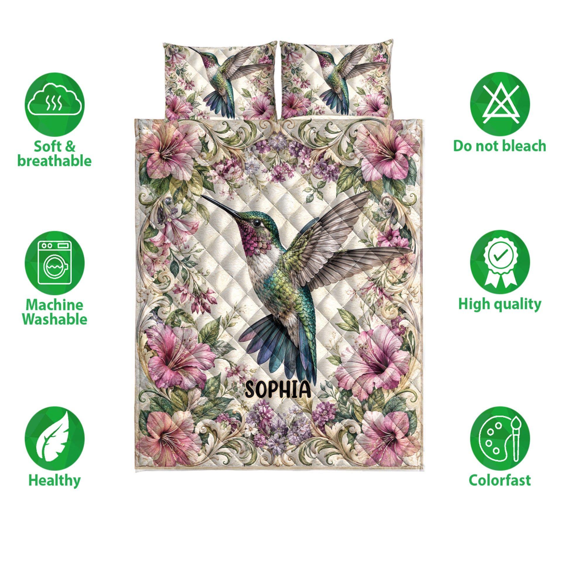 Hummingbird floral quilt bedding set shown with product feature icons and printed artwork