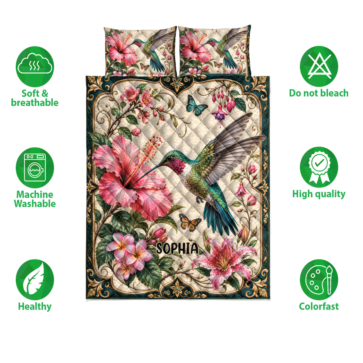 Hummingbird quilt bedding set shown with colorful floral artwork and soft breathable design icons