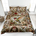 Hummingbird quilt blanket displayed on a bed with colorful birds, poinsettias, lanterns, and holiday greenery