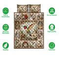 Hummingbird quilt bedding set shown with colorful bird artwork and product feature icons