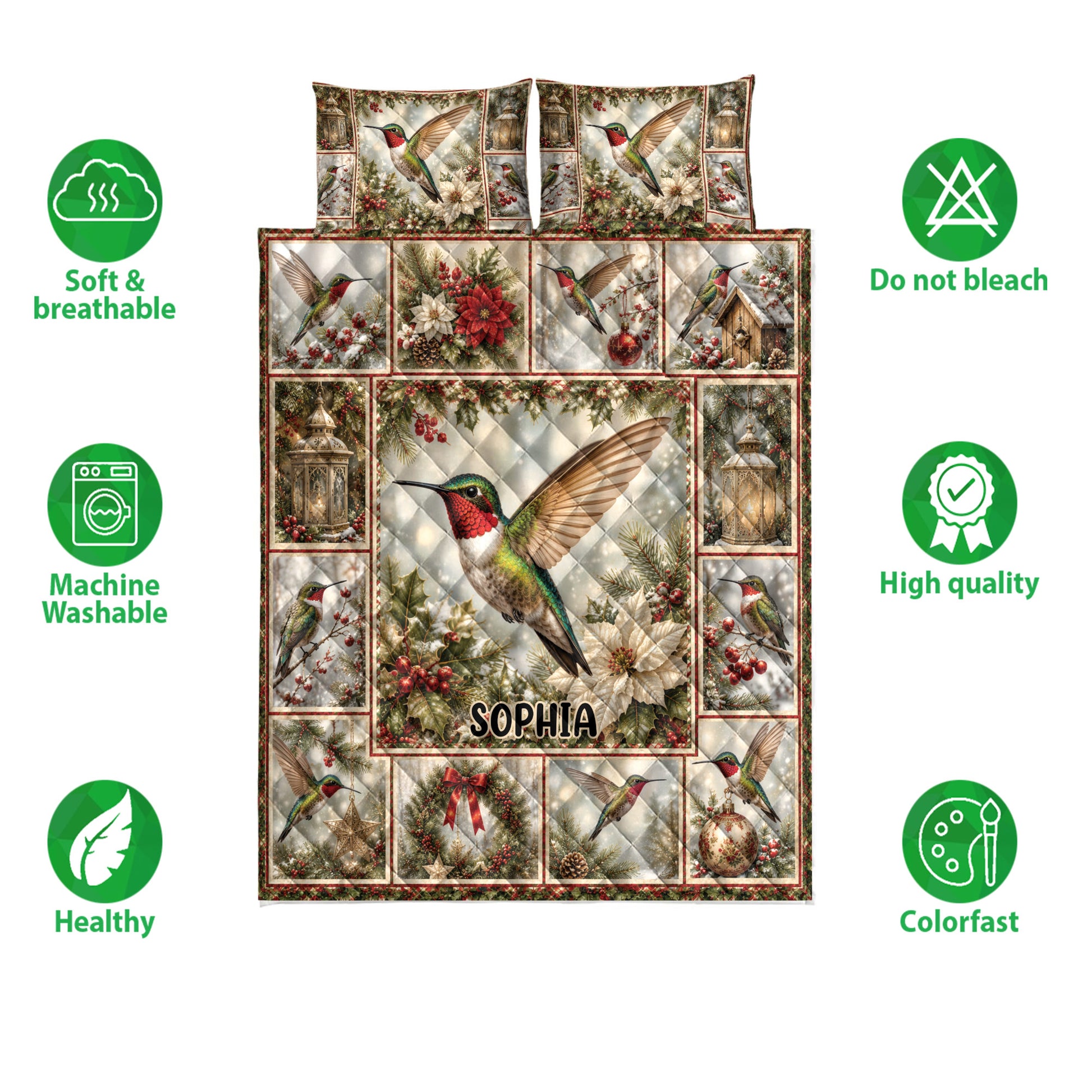 Hummingbird quilt bedding set shown with colorful bird artwork and product feature icons
