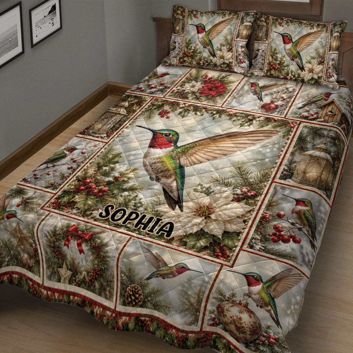 Hummingbird quilt bedding displayed in a cozy bedroom with festive greenery, berries, and colorful bird artwork