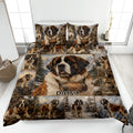 Saint Bernard quilt blanket displayed on a bed with mountain scenery and repeated dog artwork