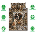 Saint Bernard quilt bedding set shown with care and quality feature icons around the dog design