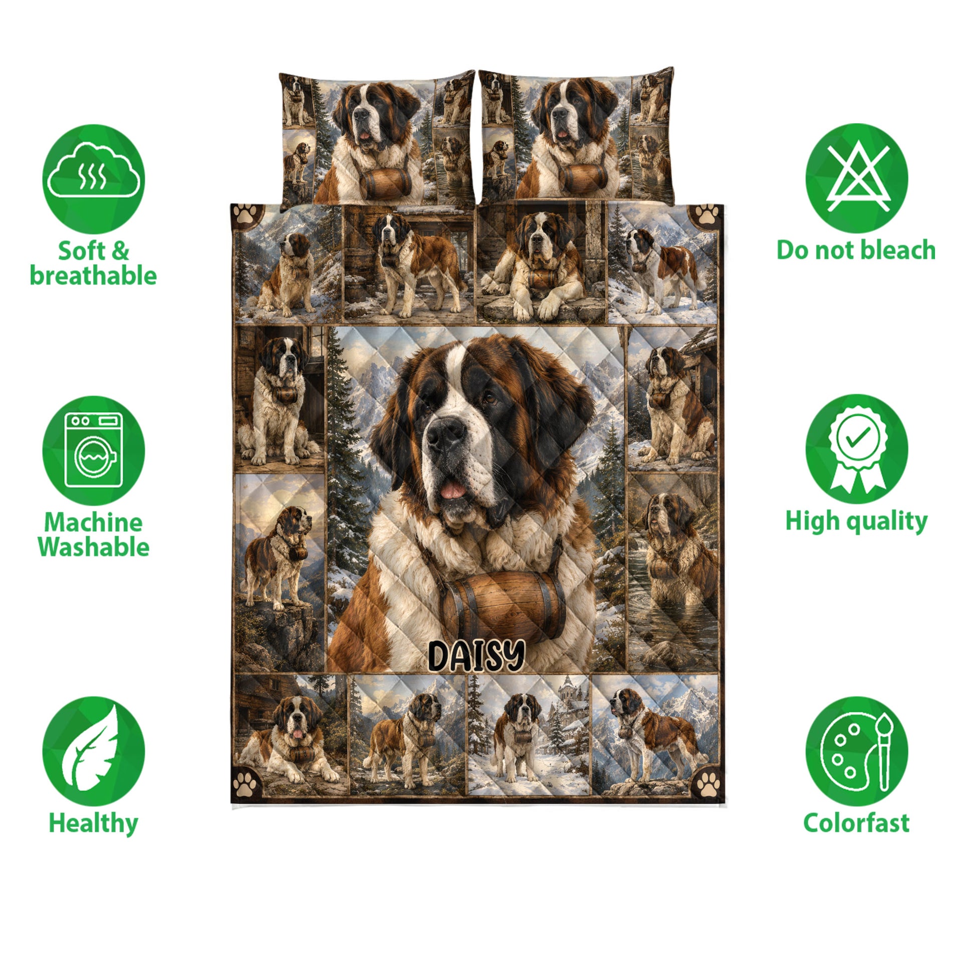 Saint Bernard quilt bedding set shown with care and quality feature icons around the dog design