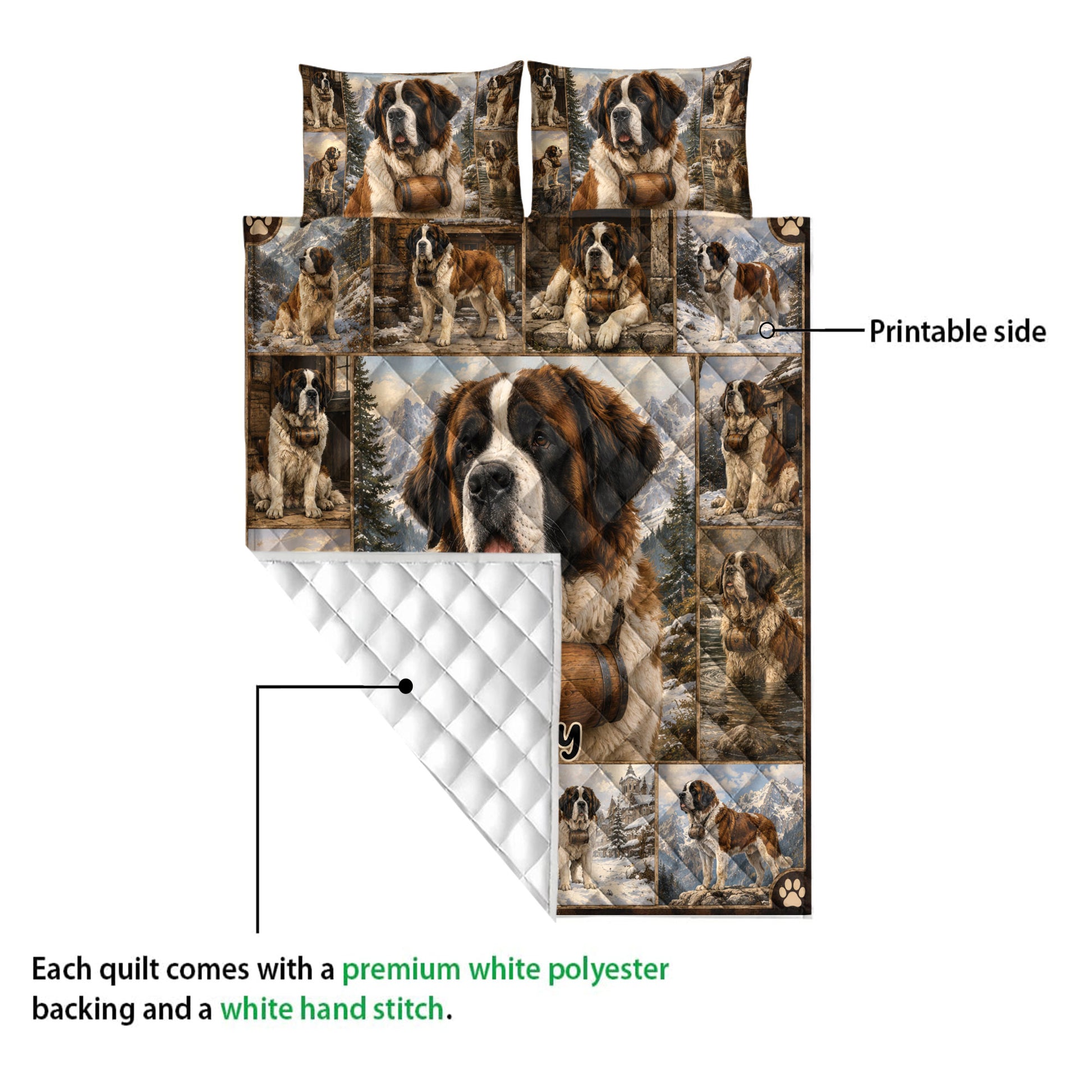 Saint Bernard quilt showing the printed dog artwork and white quilted backing construction