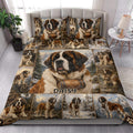 Saint Bernard quilt blanket styled in a bright bedroom with matching dog artwork on the bed