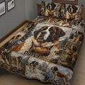 Close bedroom view of a Saint Bernard quilt blanket featuring a large dog portrait and mountain scenes