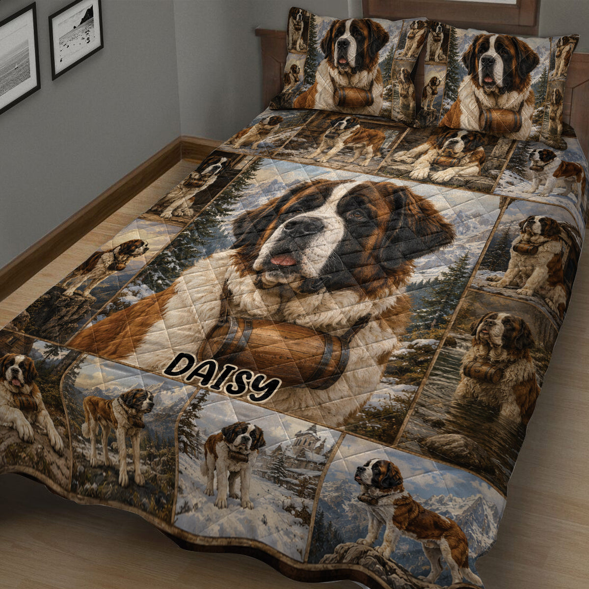 Close bedroom view of a Saint Bernard quilt blanket featuring a large dog portrait and mountain scenes