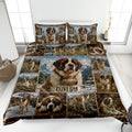 Saint Bernard quilt blanket displayed on a bed with mountain scenes and repeated dog portraits
