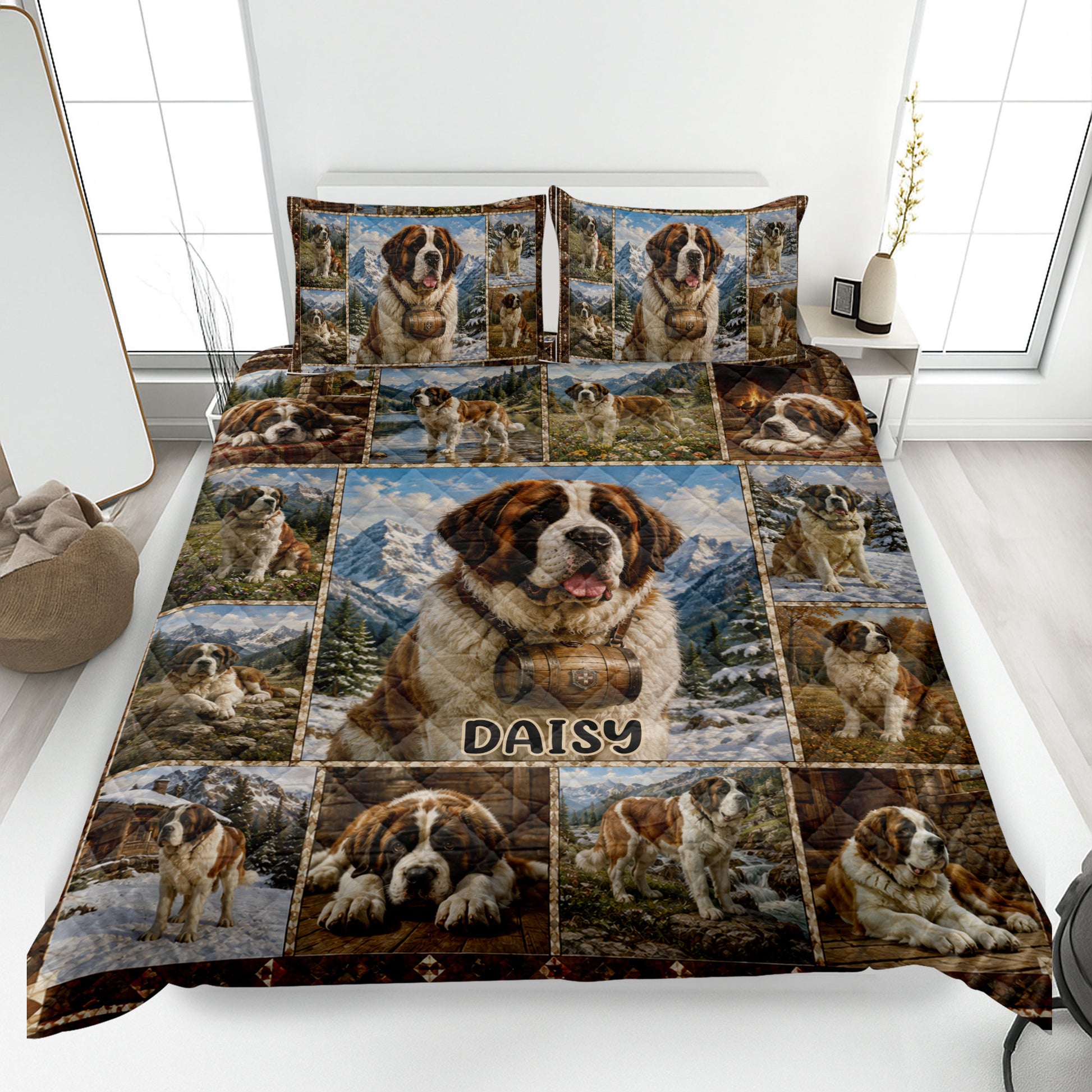 Saint Bernard quilt blanket displayed on a bed with mountain scenes and repeated dog portraits