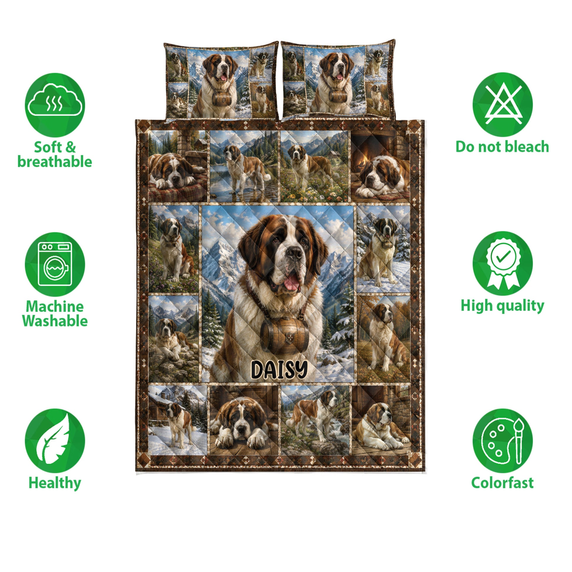 Saint Bernard quilt bedding set shown with mountain artwork and product feature icons