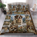 Saint Bernard quilt blanket styled on a bright bedroom bed with matching dog artwork