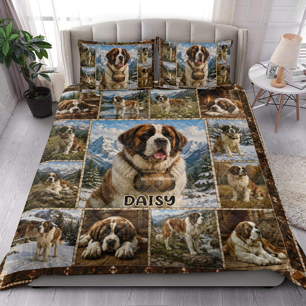 Saint Bernard quilt blanket styled on a bright bedroom bed with matching dog artwork