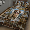 Close view of Saint Bernard quilt bedding with scenic mountain panels and rustic lodge details