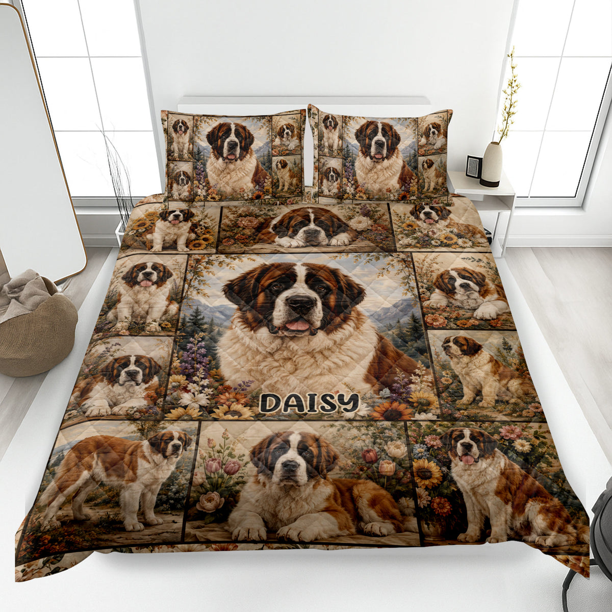 Saint Bernard quilt blanket displayed on a bed with floral mountain artwork and coordinated dog portrait panels