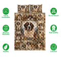 Saint Bernard quilt bedding design shown with floral portrait artwork and product feature icons