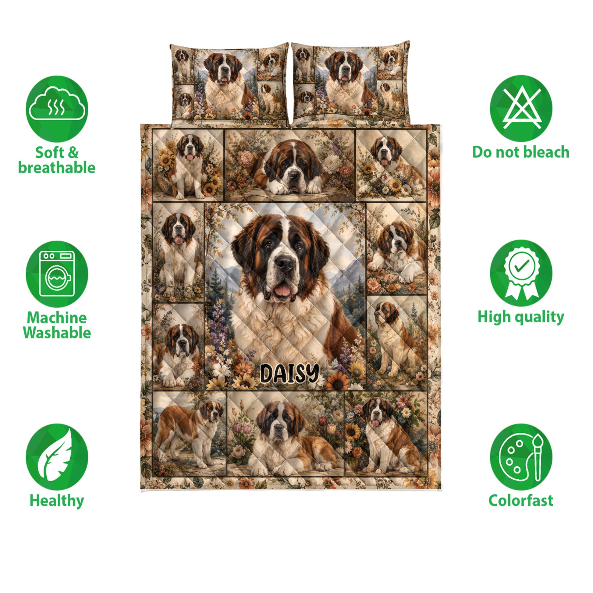 Saint Bernard quilt bedding design shown with floral portrait artwork and product feature icons