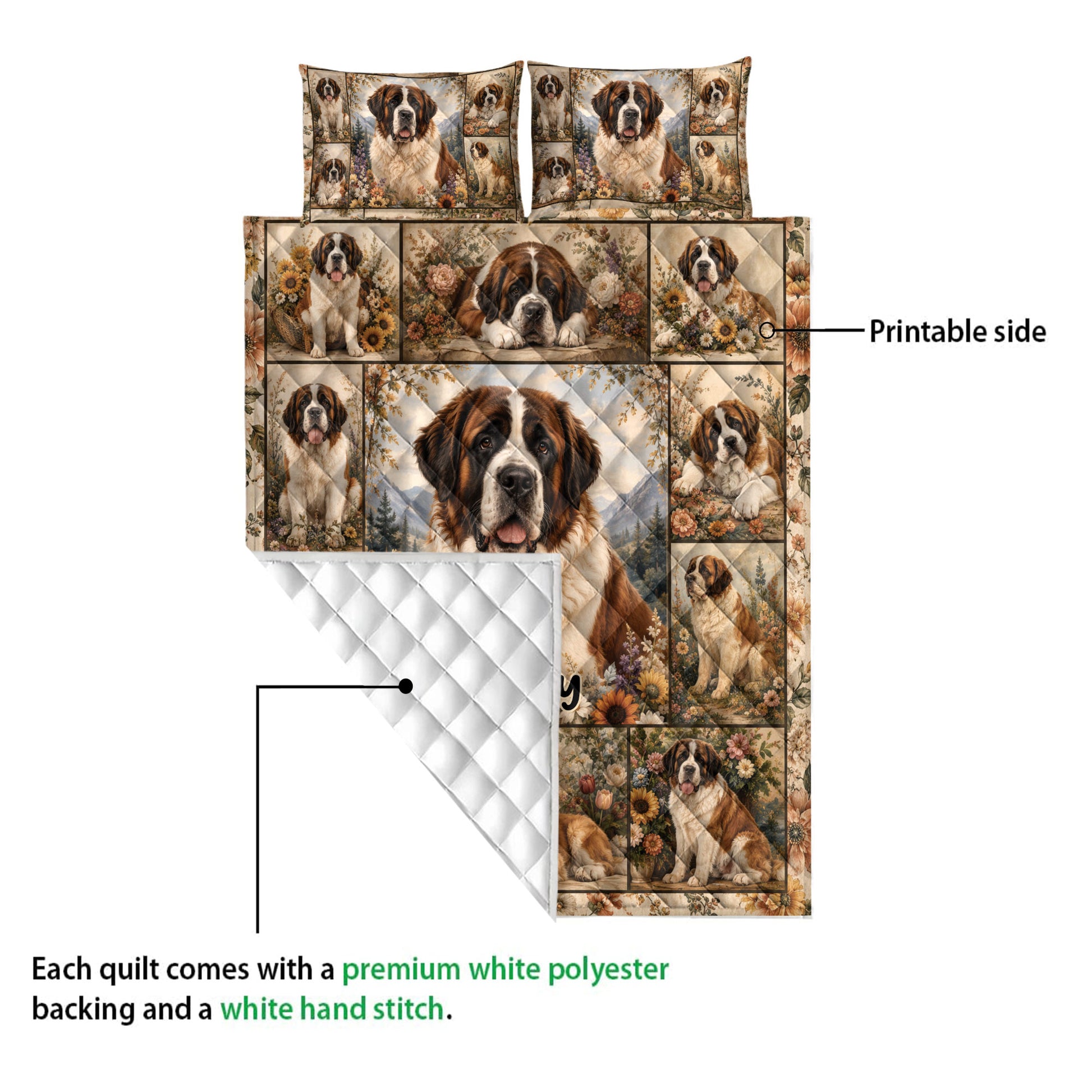Saint Bernard quilt blanket detail showing printed floral dog artwork and white quilted backing