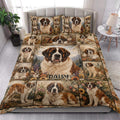 Saint Bernard quilt blanket styled in a bright bedroom with repeated dog portraits and botanical artwork