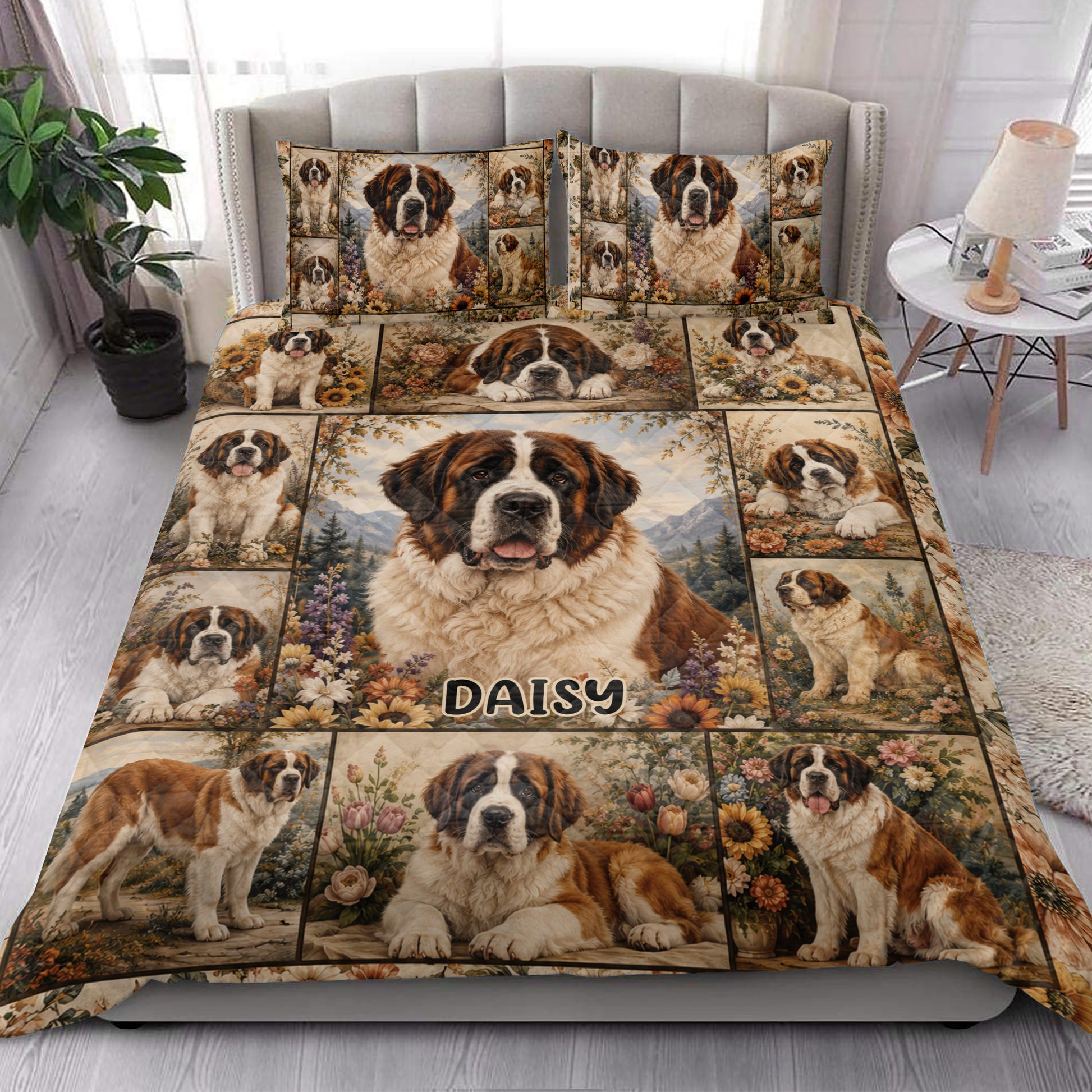 Saint Bernard quilt blanket styled in a bright bedroom with repeated dog portraits and botanical artwork
