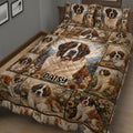 Close bedroom view of Saint Bernard quilt blanket featuring large dog portraits, flowers, and mountain scenery