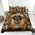 Saint Bernard quilt blanket bedding set with sunflower fields, mountain scenes, rustic farm details, and a large dog portrait