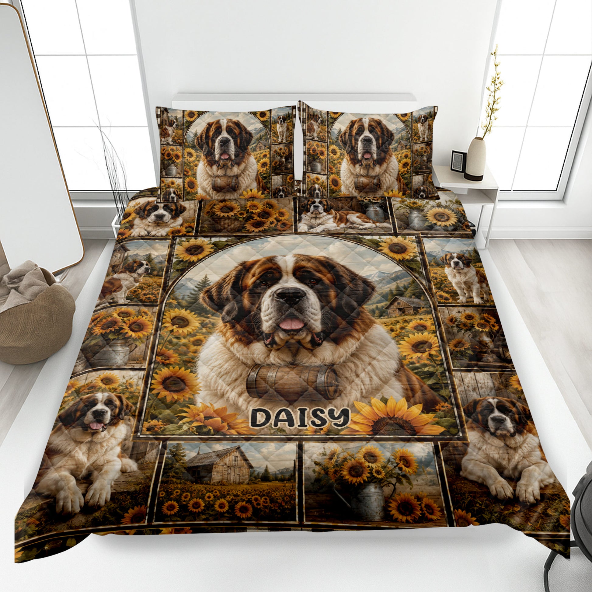 Saint Bernard quilt blanket bedding set with sunflower fields, mountain scenes, rustic farm details, and a large dog portrait