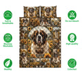 Saint Bernard quilt blanket displayed with matching printed pillows, sunflower artwork, rustic scenes, and product feature icons