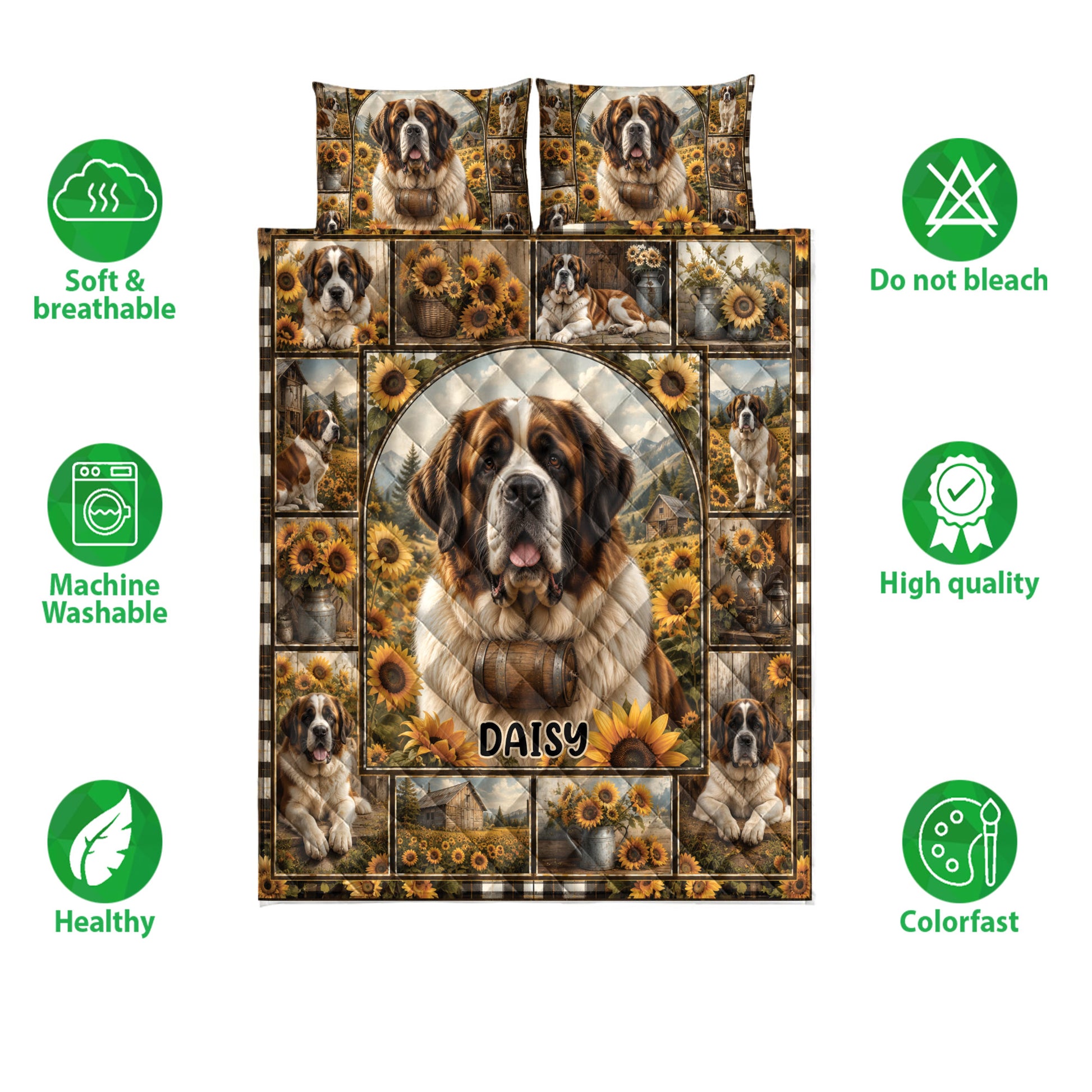 Saint Bernard quilt blanket displayed with matching printed pillows, sunflower artwork, rustic scenes, and product feature icons