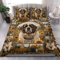 Saint Bernard quilt blanket styled on a bright bedroom with sunflower scenes, mountain landscapes, and repeated dog portraits