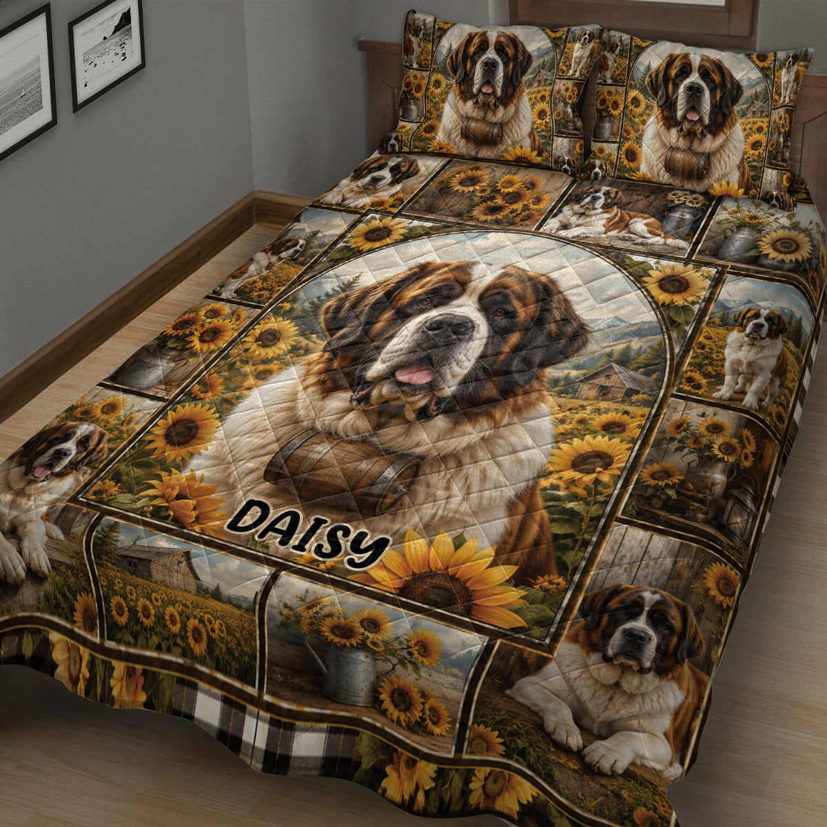 Close view of Saint Bernard quilt bedding with detailed dog artwork, sunflower panels, rustic scenery, and warm brown tones