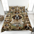 Saint Bernard quilt blanket displayed on a bed with daisy fields, mountain scenes, and dog portraits