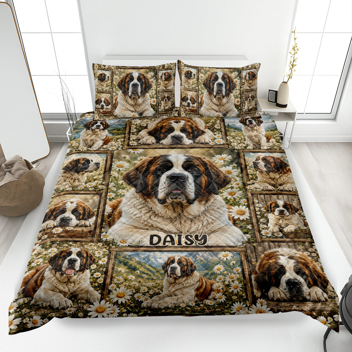 Saint Bernard quilt blanket displayed on a bed with daisy fields, mountain scenes, and dog portraits